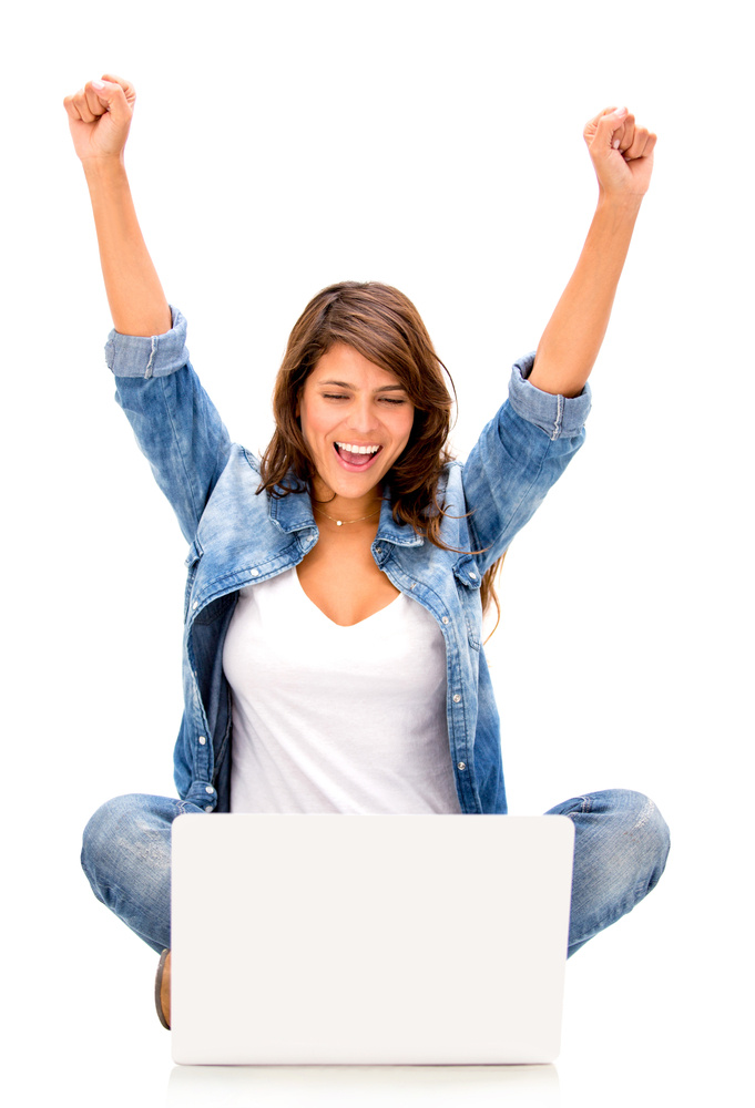 Happy woman with a computer - isolated over a white background